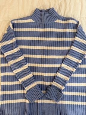 LOFT Blue and Cream Ribbed Mock Neck Stripe Sweater
